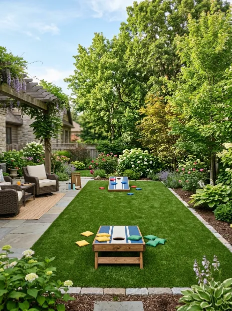 A backyard cornhole and game court
