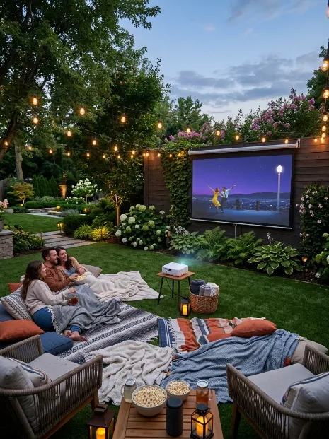 A backyard movie night lawn