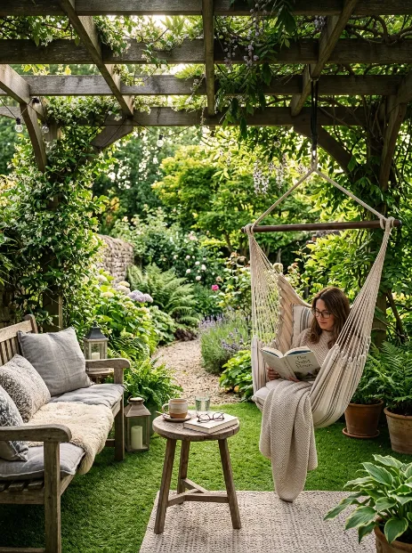 A backyard reading nook under a pergola