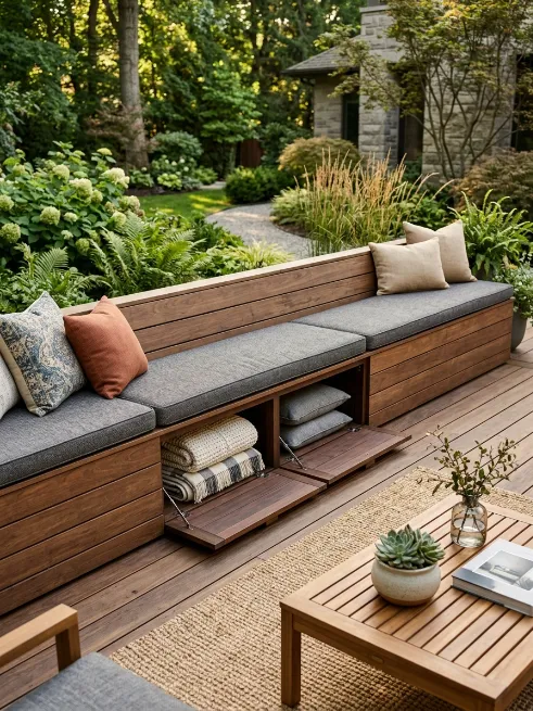 A built in bench with storage