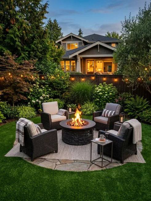 A cozy fire pit seating area