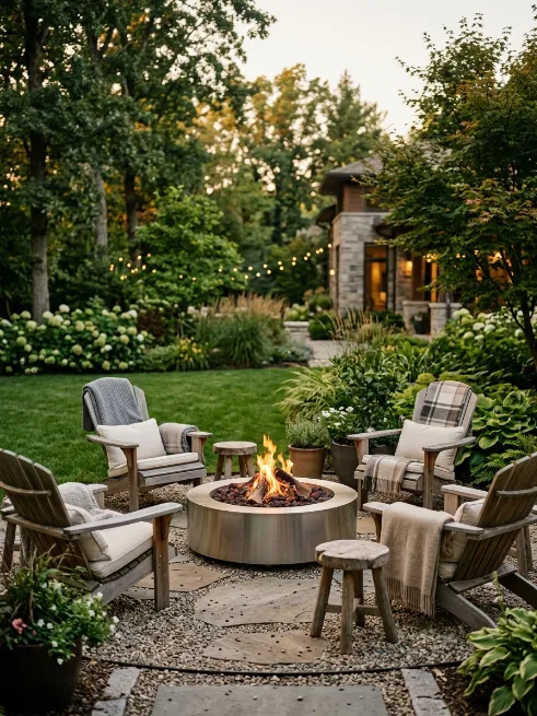 A cozy fire pit seating circle