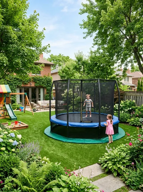 A cushioned trampoline base