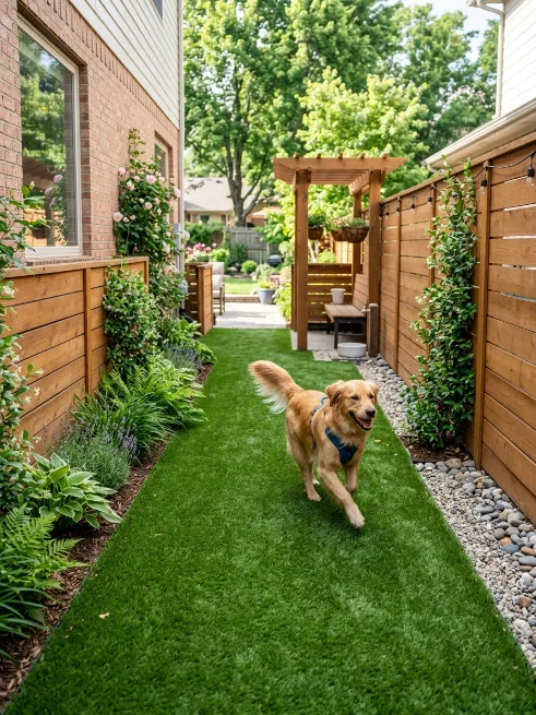 A dog run along the side yard