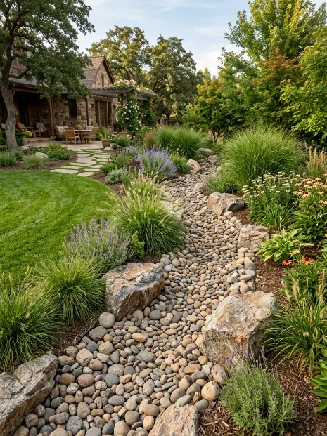 A dry creek bed that doubles as drainage