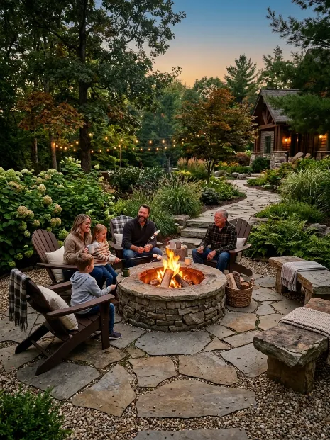 A fire pit surrounded by flagstone