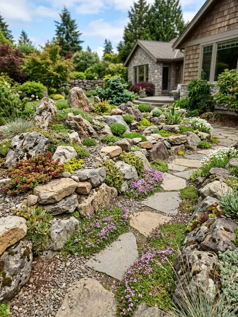 A full rock garden with alpine plants