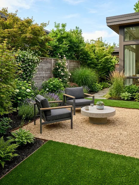 A grass border around a gravel patio