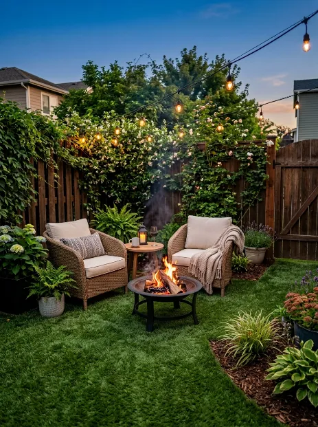 A grass covered fire pit patio for small yards