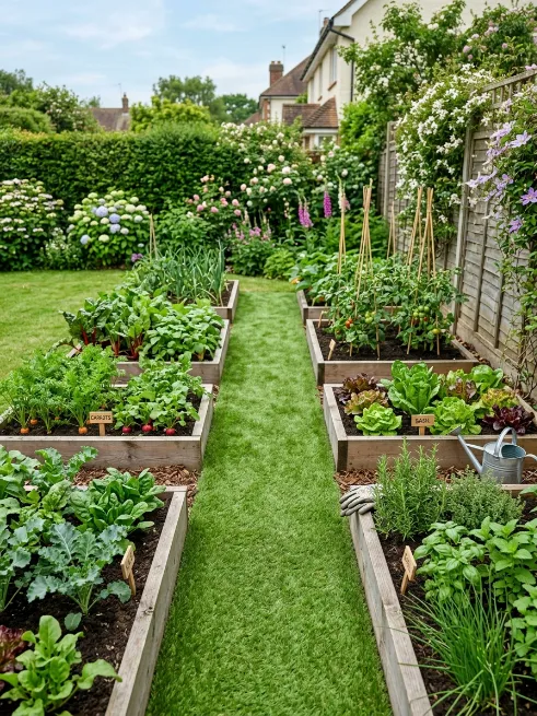 A grass path between garden beds