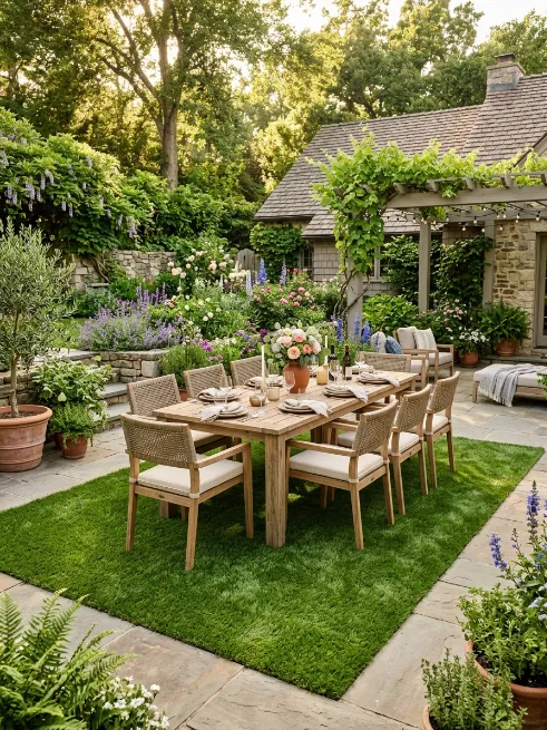 A grass rug under the patio dining table