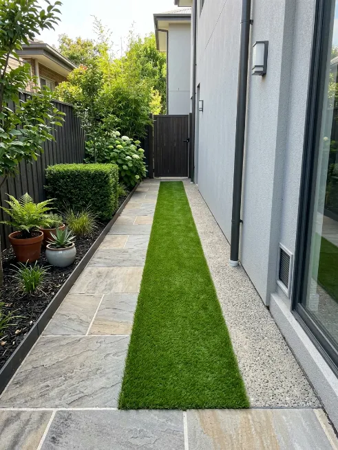 A grass strip along a narrow side walkway
