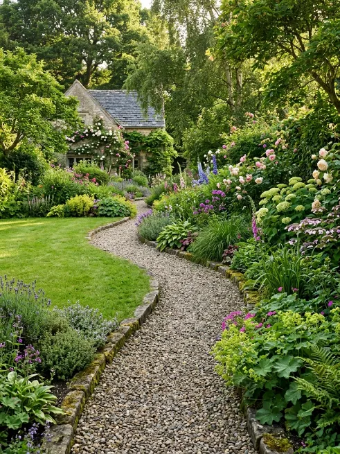 A gravel path winding through the yard