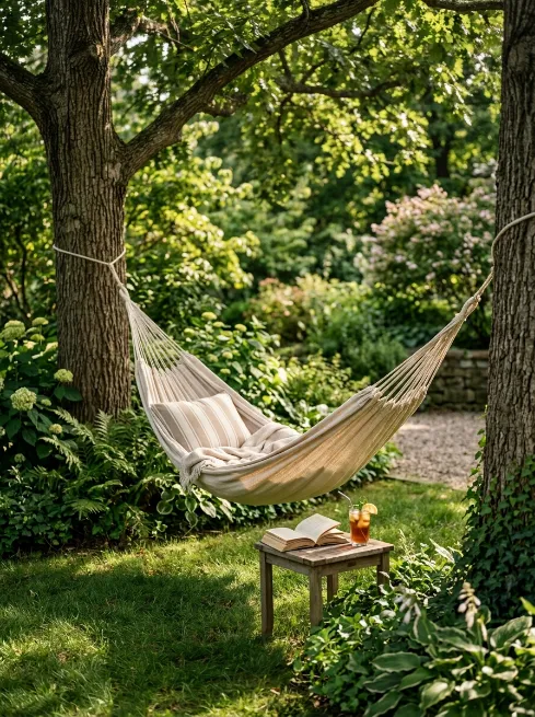 A hammock tucked between two trees