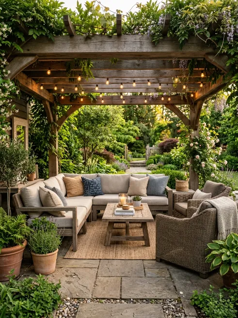 A pergola covered lounge area