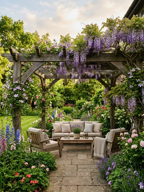 A pergola with climbing vines