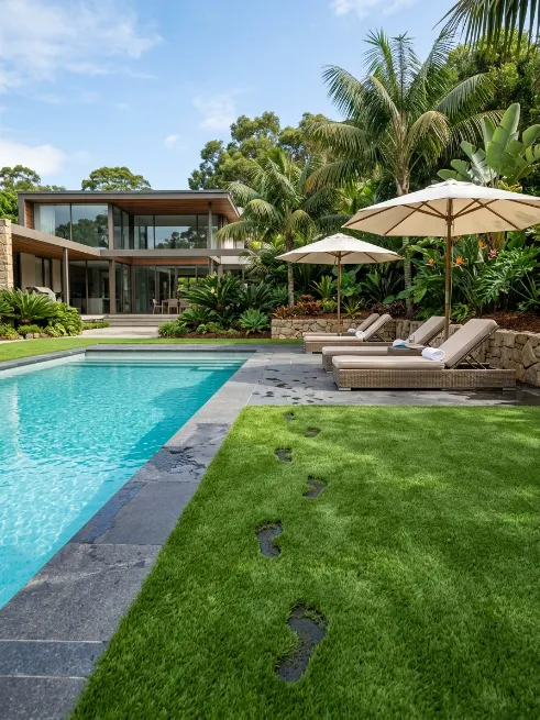 A poolside lawn that never gets slippery with mud