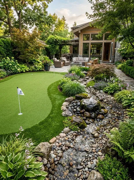 A putting green with a water feature backdrop