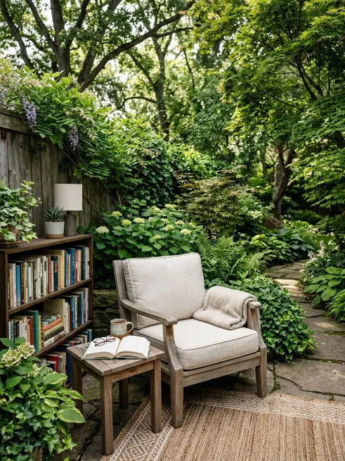 A reading nook with a small bookshelf