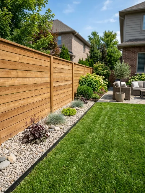 A rock border along the fence line