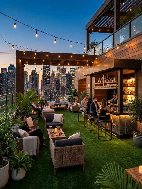 A rooftop bar and lounge setup