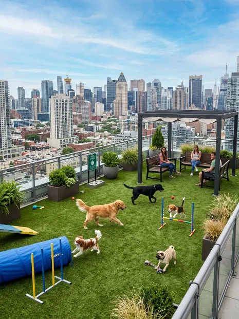 A rooftop dog park for apartment complexes