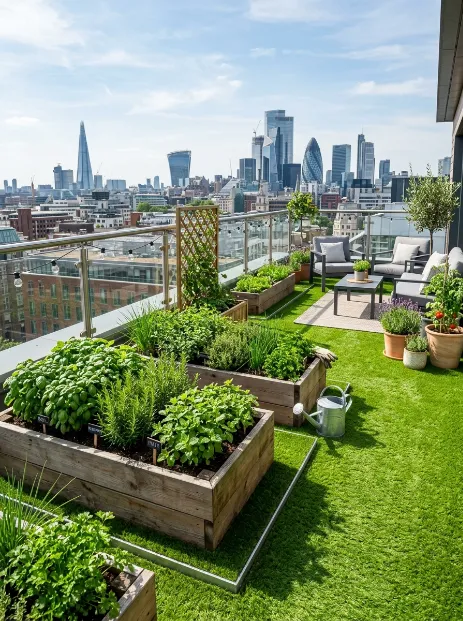 A rooftop herb garden bordered by turf