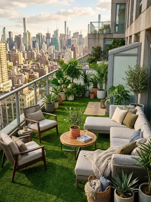 A rooftop terrace covered in turf