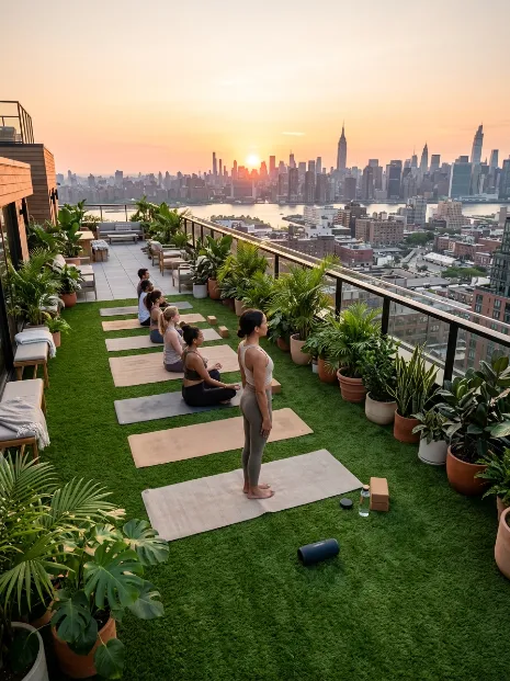 A rooftop yoga studio above the city
