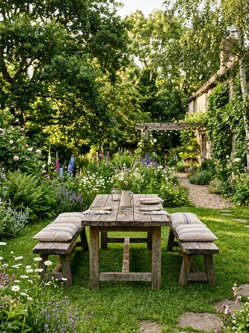 A rustic wooden picnic table