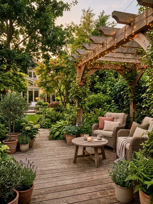 A shaded pergola corner