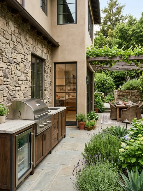 A straight line kitchen against the house