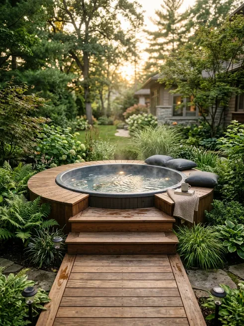 A wooden deck hot tub