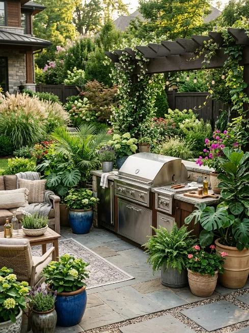 Add potted plants and greenery around the perimeter