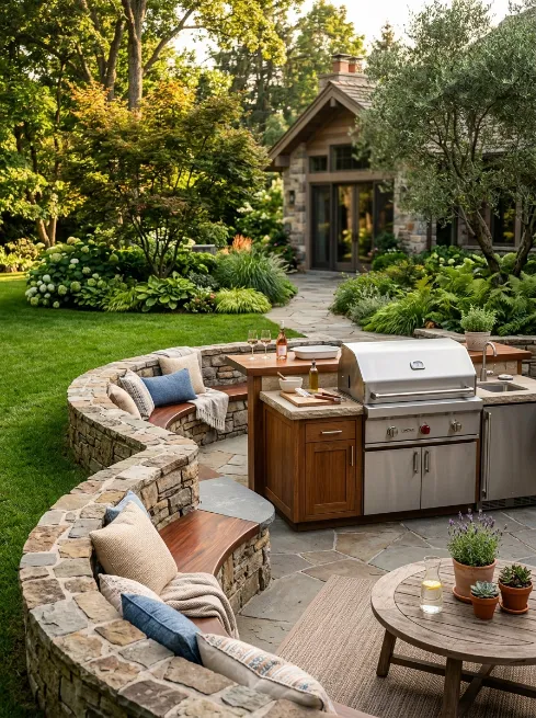 Add a built in seating wall around the grill zone