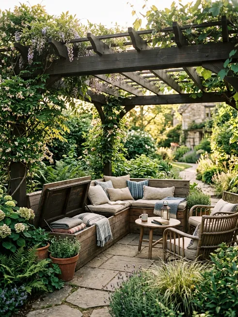 Add a storage bench inside a pergola