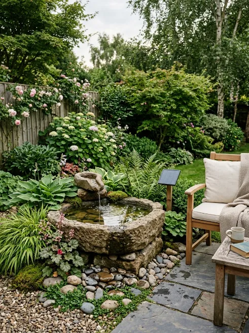 Add a water feature with a basin and pump
