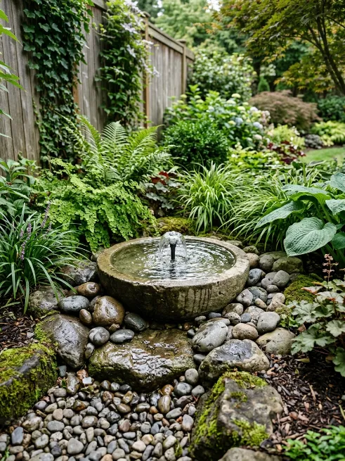 Add a water feature with a basin and pump