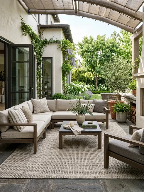 Add an outdoor rug and furniture set