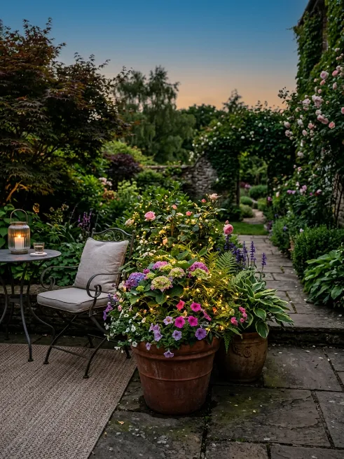 Battery powered fairy lights in planters