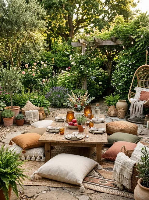 Boho style low seating dining setup