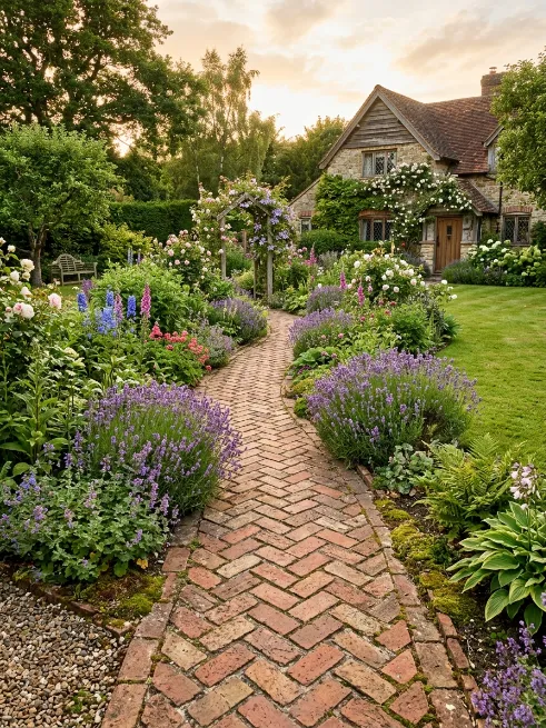 Brick herringbone walkway