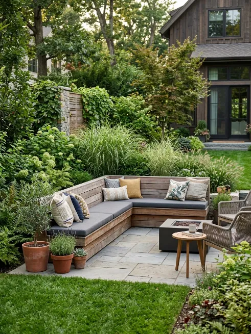 Built in bench seating around the patio edge