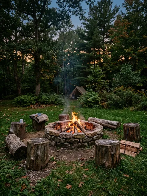 Camping style fire pit with log seating