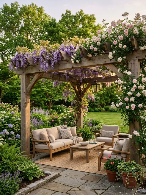 Cedar post pergola with climbing vines