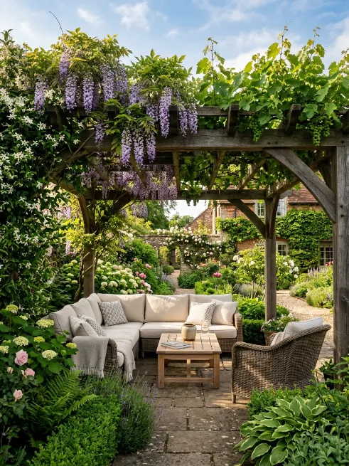 Classic pergola with climbing vines