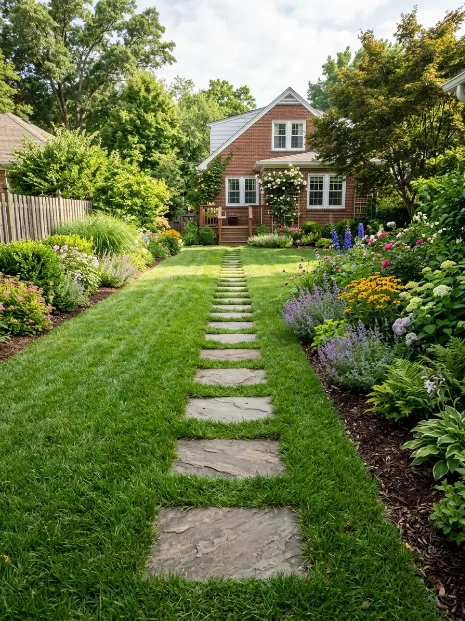 Classic stepping stones in grass