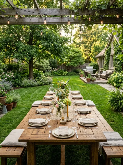 Classic wooden farmhouse table setup