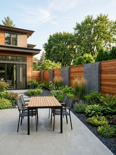 Concrete block fence with wood accents