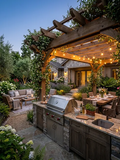 Covered kitchen under a pergola